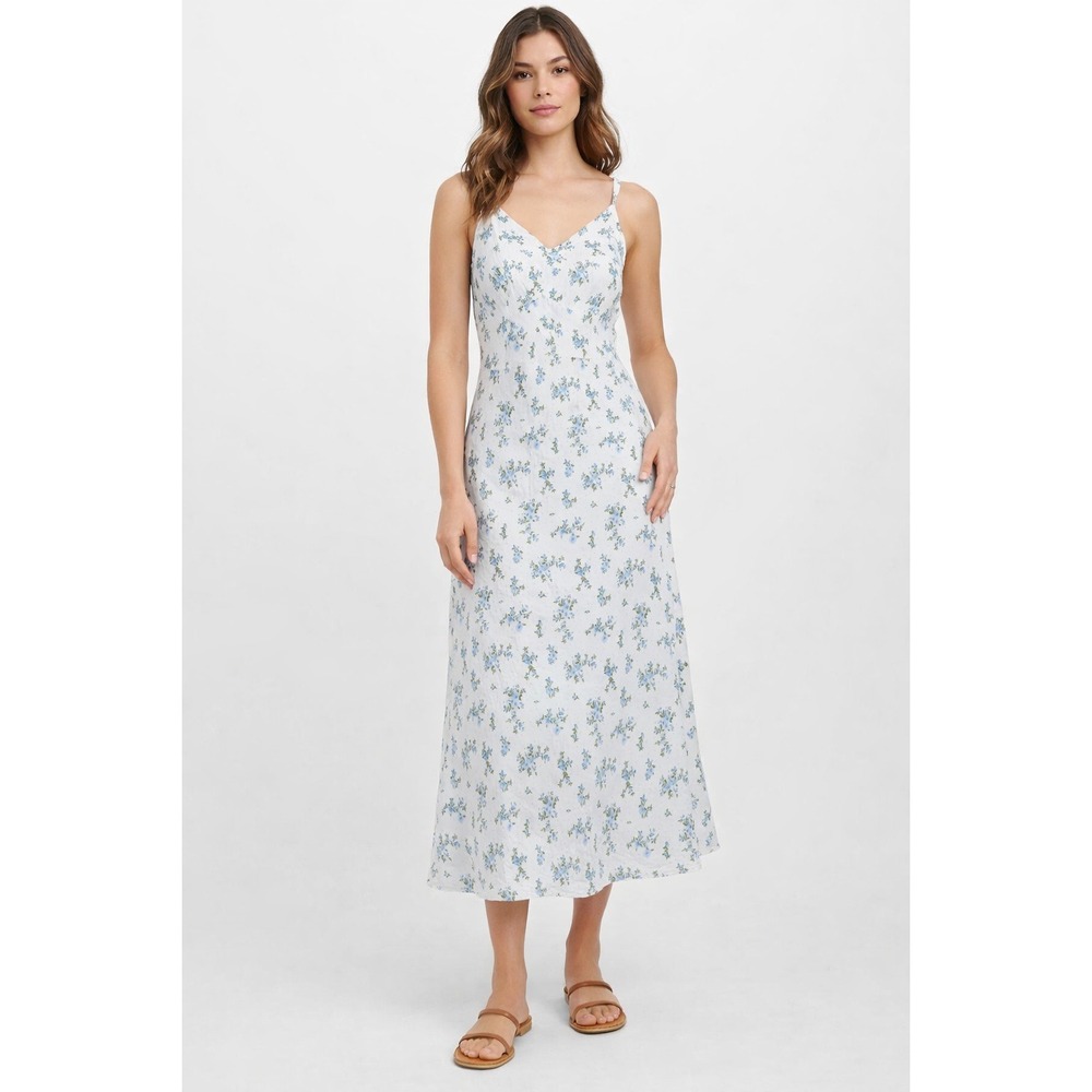 The Workshop Midi Dress Blue Floral Print White Rayon Cottagecore Medium